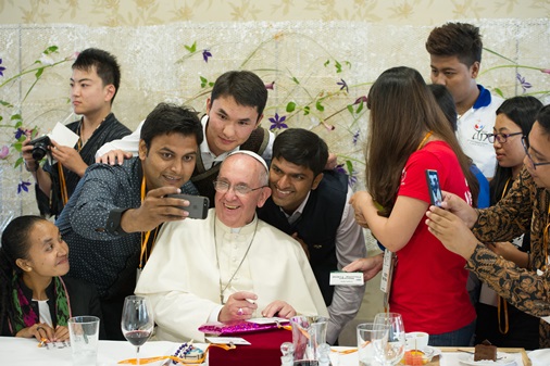 A selfie after youth luncheon at the major seminary in Daejeon, South Korea, Aug. 15. (CNS/L'Osservatore Romano, pool)